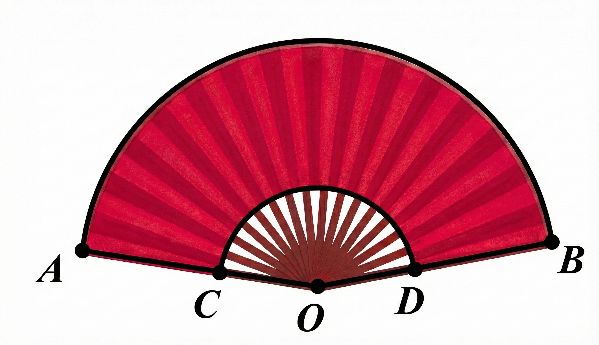  Một cây quạt giấy có bán kính nan quạt là OA=25cm , độ dài phần nan quạt không dán giấy OC=12cm , biết độ xòe căng nhất của quạt tạo thành góc ˆAOB=130∘.  (ảnh 1)