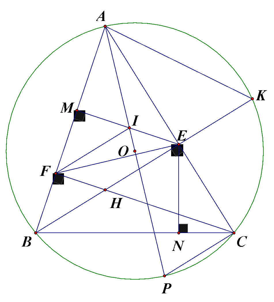  Cho ΔABCnhọn, nội tiếp trong đường tròn (O). Đường cao BE,CFcắt nhau tại H. Kẻ EM⊥AB, EN⊥BC(M∈AB,N∈AC). BEcắt (O)tại điểm thứ hai là K. (ảnh 1)