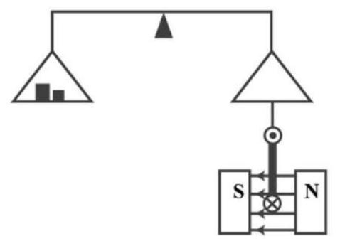 Hình vẽ bên minh họa một thí nghiệm khảo sát tác dụng của lực từ lên dây dẫn mang dòng điện: Khung dây dẫn phẳng hình vuông cạnh a = 10 cm gồm 100 vòng được treo thẳng đứng dưới m (ảnh 1)