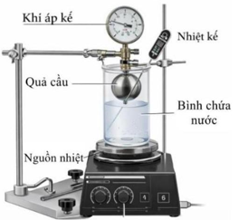 Để khảo sát mối liên hệ giữa áp suất và nhiệt độ của một lượng khí xác định, một nhóm học sinh tiến hành thí nghiệm bố trí như hình bên. Đối tượng khảo sát là một quả cầu kim loại chứa không  (ảnh 1)