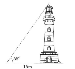  Một tòa tháp có bóng trên mặt đất dài 15 m, biết rằng góc tạo bởi mặt đất và tia nắng chiếu đến tòa tháp là 55∘ (xem hình vẽ). Tính chiều cao của tòa tháp (làm tròn đến chữ số thập phân thứ hai). (ảnh 1)