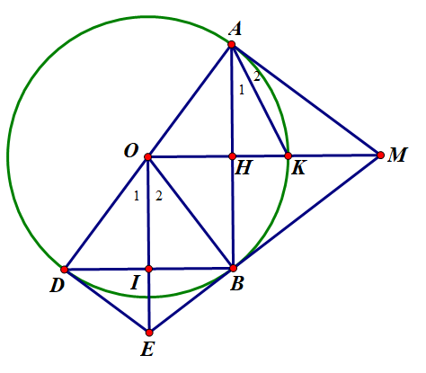 Từ điểm M nằm ngoài đường tròn (O), kẻ tiếp tuyến MA, MB (A, B là tiếp điểm). Kẻ đường kính AD của đường tròn (O), gọi I là trung điểm của BD.
(a) Chứng minh tứ giác MAOB là tứ giác nội tiếp. (ảnh 1)