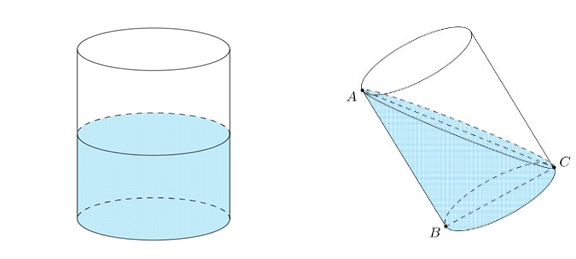 Đổ nước vào một chiếc thùng hình trụ có bán kính đáy là 20 cm. Nghiêng thùng cho mặt nước chạm vào miệng cốc và đáy cốc (như hình vẽ) thì mặt nước tạo với đáy cốc một góc 300. Tính chiều cao  (ảnh 1)
