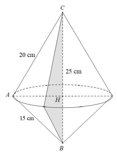  Một chiếc đèn lồng được tạo thành khi quay tam giác ABC có độ dài ba cạnh lần lượt là AB=15cm, AC=20cm, BC=25cm quanh cạnh huyền BC. Tính thể tích không khí trong đèn lồng đó. (ảnh 1)