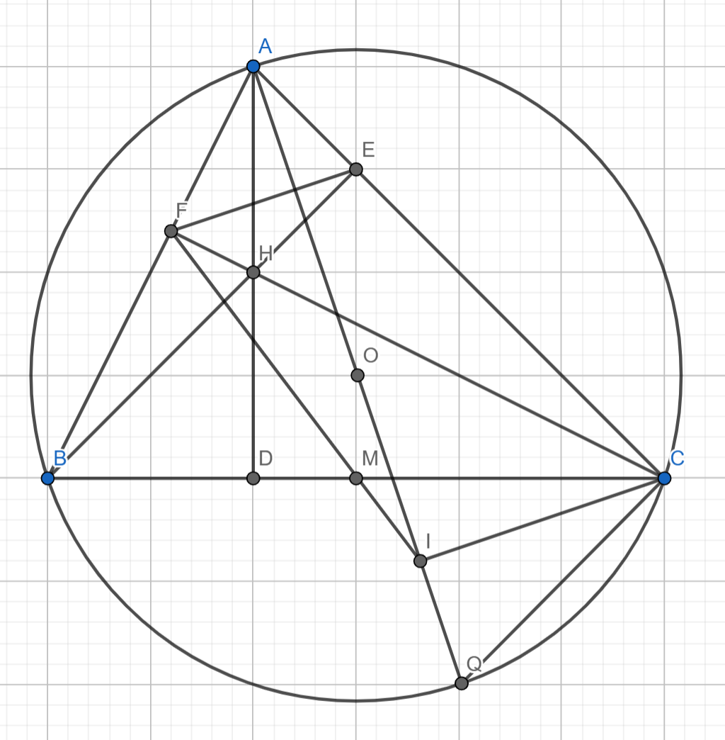  Cho ΔABC nhọn (AB<AC) nội tiếp trong đường tròn (O) có các đường cao AD, BE, CF cắt nhau tại H. (a) Chứng minh 4 điểm B,F,E,C cùng thuộc 1 đường tròn. (b) Kẻ đường kính AQ đường tròn (O). Chứng minh và OA⊥EF. (ảnh 1)