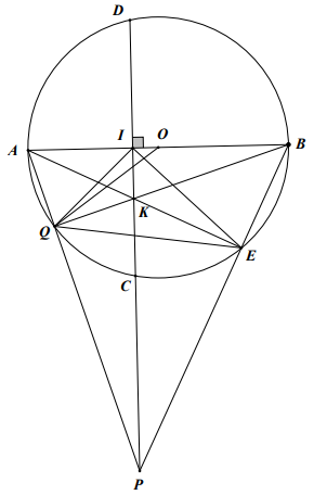  Cho đường tròn (O;R), đường kính AB vuông góc với dây CD tại điểm I (I nằm giữa A và O). Lấy điểm E bất kì trên cung nhỏ BC (E khác Bvà C). AE cắt CD tại K . (ảnh 1)