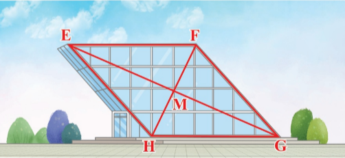  Mặt trước của một công trình xây dựng được làm bằng kính có dạng hình bình hành EFGH với M là giao điểm của hai đường chéo (Hình bên). Cho biết EF=40m, EM=36m, HM=16m. (ảnh 1)