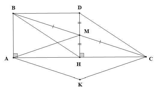  Cho tam giác ABC vuông tại A (AB<AC,AC≠2.AB), M là trung điểm của BC. Kẻ MH vuông góc với AC (H thuộc AC). Trên tia HM lấy điểm D sao cho HM=MD. (ảnh 1)