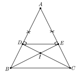  Cho ΔABC cân tại A(ˆA<90∘). Vẽ BE vuông góc với AC tại E và CD vuông góc với AB tại D. 1) Chứng minh BE=CD. 2) Chứng minh tứ giác BDEC là hình thang cân. (ảnh 1)