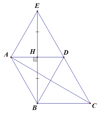  Cho hình thoi ABCD có ˆA=60∘. Vẽ BH vuông góc với cạnh AD, trên tia đối của HB lấy điểm E sao cho HE=BH. Nối E với A, E với D. (a) Chứng minh rằng ABDE là hình thoi. (b) Ba điểm E,D,C thẳng hàng. (c) EB=AC. (ảnh 1)