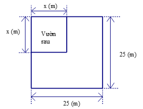 Khu vườn của bác Bình có dạng hình vuông với độ dài cạnh \[25m\]. Bác Bình muốn dành ra một mảnh đất có dạng hình vuông với độ dài cạnh \(x\left( m \right)\,\,(0 < x < 25)\) ở góc của k (ảnh 1)