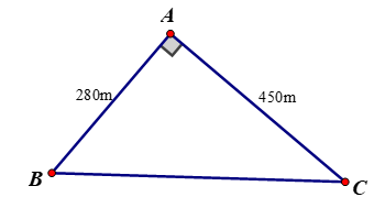  Nhà bạn An (vị trí A) cách nhà bạn Bảo (vị trí B) 280m và cách nhà bạn Cảnh (vị trí C) 450m. Biết vị trí nhà của 3 bạn là các đỉnh của tam giác ABC vuông tại A (như hình vẽ bên). Hỏi khoảng cách từ nhà bạn Bảo đến nhà bạn Cảnh là bao nhiêu? (ảnh 2)