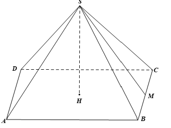  Cho hình chóp tứ giác đều S.ABCD (hình vẽ bên) có độ dài đường cao SH=12cm, độ dài trung đoạn SM=13cm, thể tích bằng 400cm3. (ảnh 1)