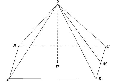  Cho hình chóp tứ giác đều S.ABCD (hình vẽ bên) có độ dài đường cao SH=12cm, độ dài trung đoạn SM=13cm, thể tích bằng 400cm3. (ảnh 2)