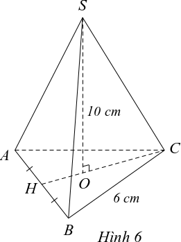 Cho hình chóp tam giác đều S.ABC (Hình 6), cho biết SO=10cm, BC=6cm.   (a) Tìm độ dài của cạnh AC; tìm độ dài chiều cao của hình chóp. (b) Tính thể tích của hình chóp. (ảnh 1)
