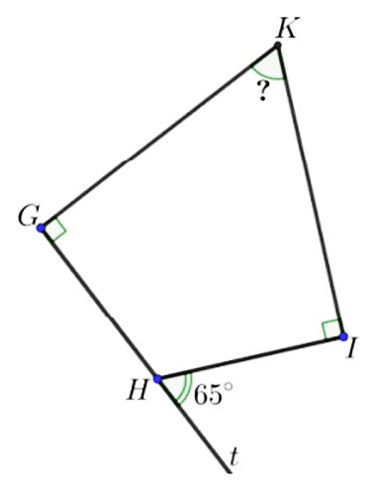  Cho tứ giác GHIK có ˆG=ˆI=90∘ và ˆIHt=65∘ như hình vẽ:   Số đo của ˆGKI bằng (ảnh 1)