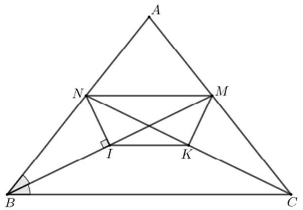  Cho tam giác ABC cân tại A có BM là tia phân giác cùa ˆABC(M∈AC). Qua M, vẽ MN song song với BC(N∈AB). (a) Chứng minh rằng MNBC là hình thang cân; (ảnh 1)