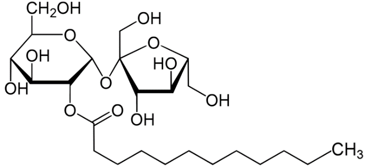 Saccharose monolaurate được tổng hợp bằng phản ứng ester hoá giữa saccharose (đường mía hoặc đường củ cải) với lauric acid, một acid béo no có nhiều trong dầu dừa. Saccharose monolaurate được (ảnh 1)