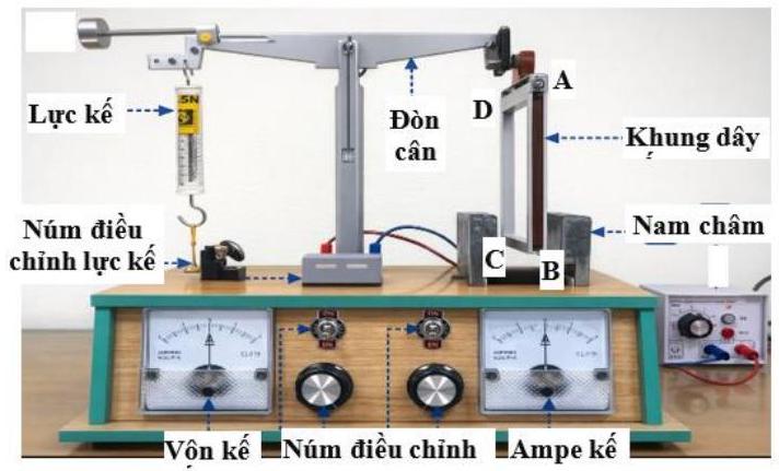 Một nhóm học sinh sử dụng bộ thí nghiệm như hình vẽ để đo cảm ứng từ giữa hai nhánh của một nam châm chữ U: Một khung dây hình vuông ABCD gồm 50 vòng, cạnh \({\rm{a}} = 10{\rm{\;cm}}\) được t (ảnh 1)