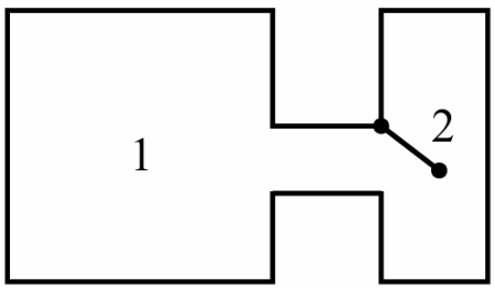 Hai bình có thể tích V1=40dm^3 và V2=10dm^2 thông với nhau bằng ống có khóa ban đầu đóng. Khóa này chỉ mở nếu p1≥p2+10^5Pa,p1} là áp suất của (ảnh 1)