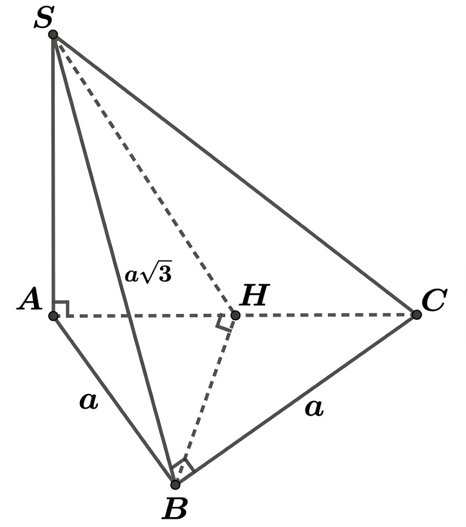 Cho hình chóp S.ABC có cạnh bên SA vuông góc với mặt phẳng đáy, tam giác ABC vuông cân tại B. Biết SB = a căn 3 ,AB = a (ảnh 1)
