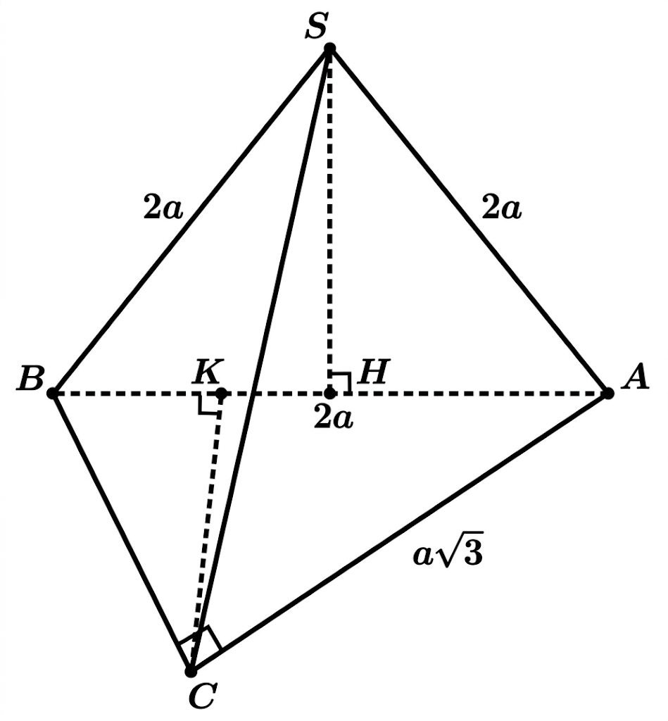 Cho hình chóp S.ABC có mặt bên (SAB) vuông góc với mặt đáy và tam giác SAB đều cạnh 2a. Biết tam giác ABC vuông tại C và cạnh AC = acăn 3 \). (ảnh 1)
