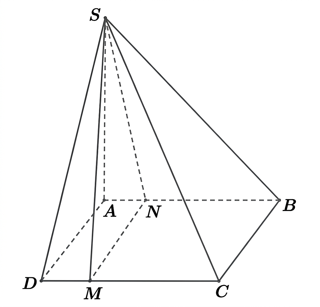 Cho hình chóp S.ABCD có SA  vuông góc ABCD, đáy ABCD là hình vuông và SA = 2a, AB = a  (ảnh 1)