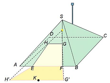 Một cái lều có dạng hình chóp tứ giác đều, cạnh đáy bằng 8 m và chiều cao là 3 m. Cửa vào lều là hình thang EFGH trong đó AE = FB và EF = 4 m (ảnh 1)