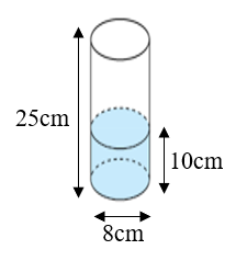 Một bình nước có dạng hình trụ với chiều cao 25 cm và đường kính đáy 8 cm. Cột nước hiện có trong bình cao 10 cm. Lấy π≈3,14.   (a) Tính thể tích nước hiện có trong bình, coi độ dày thành bình là không đáng kể. (ảnh 1)