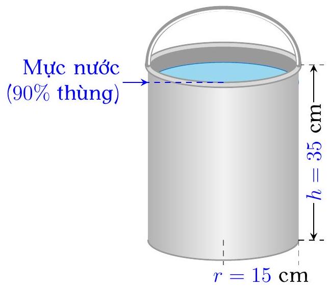Bác An dùng một cái thùng đựng nước có dạng hình trụ chiều cao là h=35cm và bán kính đáy r=15cm để múc nước đổ vào bể chứa có dung tích 1m3. Hỏi Bác An cần phải đổ ít nhất bao nhiêu thùng nước thì đầy bể (ảnh 1)