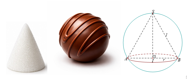 Một nhà máy muốn sản xuất loại kẹo Chocolate hình cầu đặc có đường kính \({\rm{3}}\,{\rm{cm}}{\rm{.}}\) Cấu tạo viên kẹo gồm phần nhân sữa dẻo có dạng hình nón nội tiếp bên trong (Đỉnh và đườ (ảnh 1)