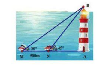  Hai chiếc tàu thủy đậu trên biển tại hai vị trí lần lượt là M,N cách nhau 500m và thẳng hàng với điểm A là chân của một ngọn hải đăng AB. Từ M và N người ta nhìn đỉnh B của tháp lần lượt dưới hai góc: (ảnh 1)