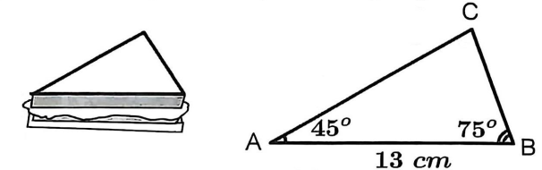 Bề mặt của một miếng bánh mì hình tam giác ABC. Biết AB=13cm, ^A=45∘, ^B=75∘. Hỏi diện tích bề mặt của chiếc bánh mì bằng bao nhiêu cm2 (làm tròn đến hàng đơn vị)? (ảnh 1)