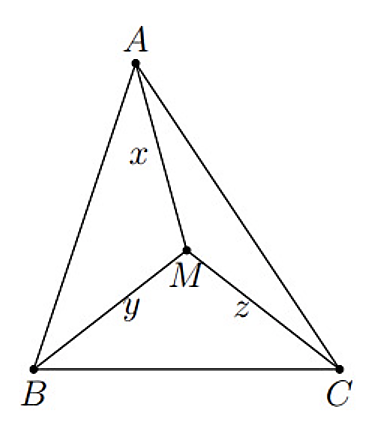 Cho hình vẽ bên với Mlà điểm bên trong tam giác sao cho ˆAMB=ˆBMC=ˆCMA=120∘. Đặt MA=x;MB=y;MC=z. Biết rằng các số thực dương x,y,z thỏa mãn hệ phương trình (ảnh 1)