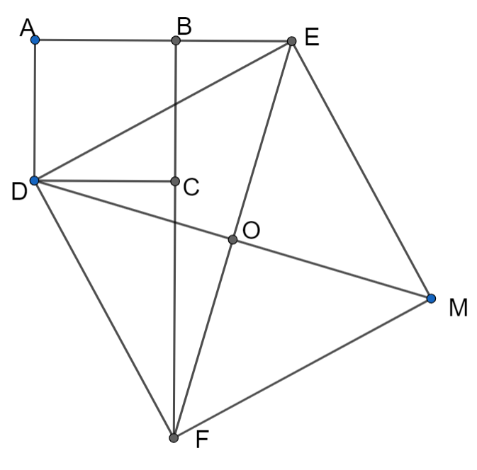 Cho hình vuông ABCD. Lấy điểm E nằm trên AB (không cùng phía A so với B). Lấy điểm F trên BC (không cùng phía B so với C). Biết AE = CF. Gọi O là trung điểm của EF. Lấy M sao cho O là trung đ (ảnh 1)
