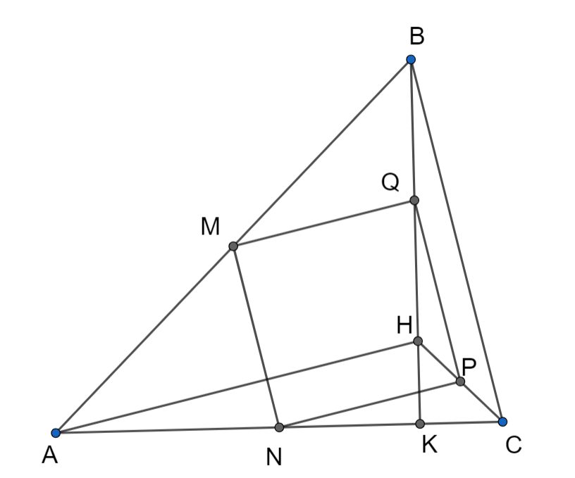 Cho tam gi&aacute;c ABC, c&oacute; g&oacute;c \(\widehat {BAC} = 45^\circ \). Trong tam gi&aacute;c, c&aacute;c đường cao cắt nhau tại H. Lần lượt lấy c&aacute;c trung điểm của AB, AC, HC v&agrave; HB l&agrave; M, N, P, Q. Chứng minh rằng MP NQ. (ảnh 1)