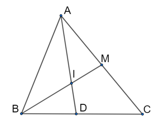 Chi ∆ABC, đường phân giác trong AD, trung tuyến BM. Gọi I là giao điểm của AD và BM. Tính tỉ số diện tích của hai tam giác ABI và ABC, biết 3AB = 2AC. (ảnh 1)