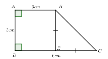Hình thang vuông ABCD có góc A = góc D = 90 độ, AB = AD = 3 cm, DC = 6 cm. Tính góc B, góc C của hình thang. (ảnh 1)