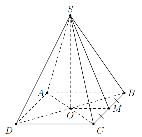 Cho hình chóp tứ giác đều S.ABCD có độ lớn cạnh đáy là 4 căn 2 cm, cạnh bên là 5 cm. Tính độ dài trung đoạn của hình chóp trên. (ảnh 1)