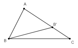 Cho ΔABC với AC > AB. Trên tia AC, lấy điểm B’ sao cho AB’ = AB(a) Hãy so sánh góc ABC với góc ABB'; (b) Hãy so sánh góc ABB' với góc AB'B (ảnh 1)