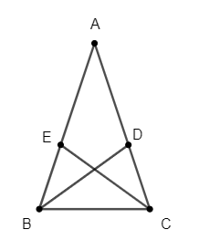 Cho ΔABC có \(\widehat B = \widehat C\). Tia phân giác của góc B cắt AC tại D. Tia phân giác của góc C cắt AB tại E. So sánh độ dài đoạn thẳng BD và CE. (ảnh 1)