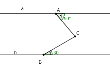 Cho hình vẽ:Biết a // b và góc A1 = 50 độ, góc B1 = 30 độ. Tính số đo góc ACB (ảnh 1)