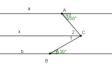 Cho hình vẽ:Biết a // b và góc A1 = 50 độ, góc B1 = 30 độ. Tính số đo góc ACB (ảnh 2)