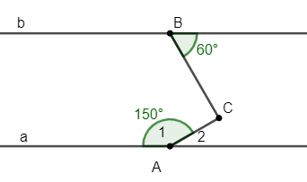 Cho hình vẽ:Biết góc A1 = 150 độ và góc B = 60 độ a và a // b. Chứng minh rằng AC vuông góc BC. (ảnh 1)