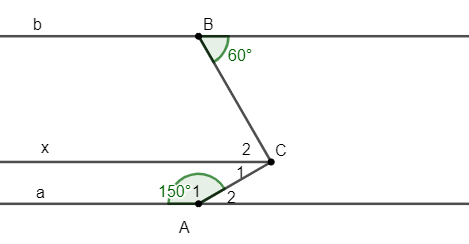 Cho hình vẽ:Biết góc A1 = 150 độ và góc B = 60 độ a và a // b. Chứng minh rằng AC vuông góc BC. (ảnh 2)