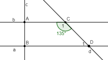 Cho hình vẽ:Biết c a, b; góc C = 135 độ. Xác định số đo của góc D1 (ảnh 1)
