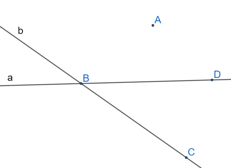 Vẽ hai đường thẳng a, b và bốn điểm A, B, C, D thỏa mãn: A không thuộc a và A không thuộc b, B thuộc a và B thuộc b, C thuộc b và C không thuộc a, D thuộc a và D không thuộc b. (ảnh 1)