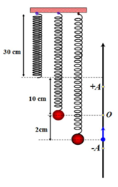 Lò xo nhẹ treo thẳng đứng có chiều dài tự nhiên 30 cm. Treo vào đầu dưới một vật nhỏ thì thấy hệ cân bằng khi lò xo dãn 10 cm. Kéo vật thẳng đứng cho tới khi lò xo có chiều dài 42 cm, rồi tru (ảnh 1)