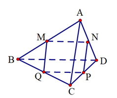Cho tứ diện ABCD. Gọi M, N, P, Q lần lượt là trung điểm các cạnh AB, AD, CD, BC. Khẳng định nào sau đây SAI? (ảnh 1)
