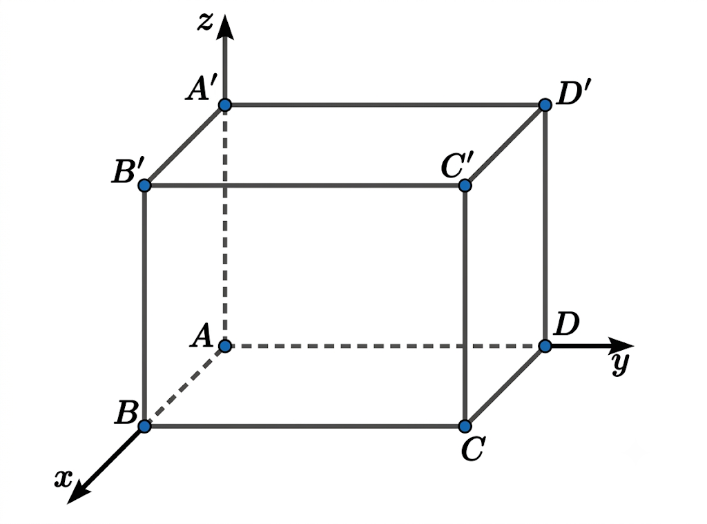 Trong không gian với hệ trục toạ độ Oxyz, cho hình lập phương ABCD.A'B'C'D' có A(0;0;0), B(2;0;0), D(0;2;0), (ảnh 1)
